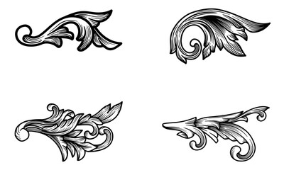 Fototapeta premium Set Vector Baroque ornamental pattern design. Vintage Border engraving ornament elements for design. Filigree, flourish, scroll, curl, curve, lace decorative design