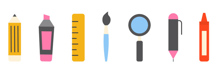 set of colourful icons of school and education supplies. stationery office supply. back to school vector collection	