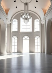 Fototapeta premium Minimalist interior design with arched windows and a crystal chandelier Empty room interior design architecture blank design room