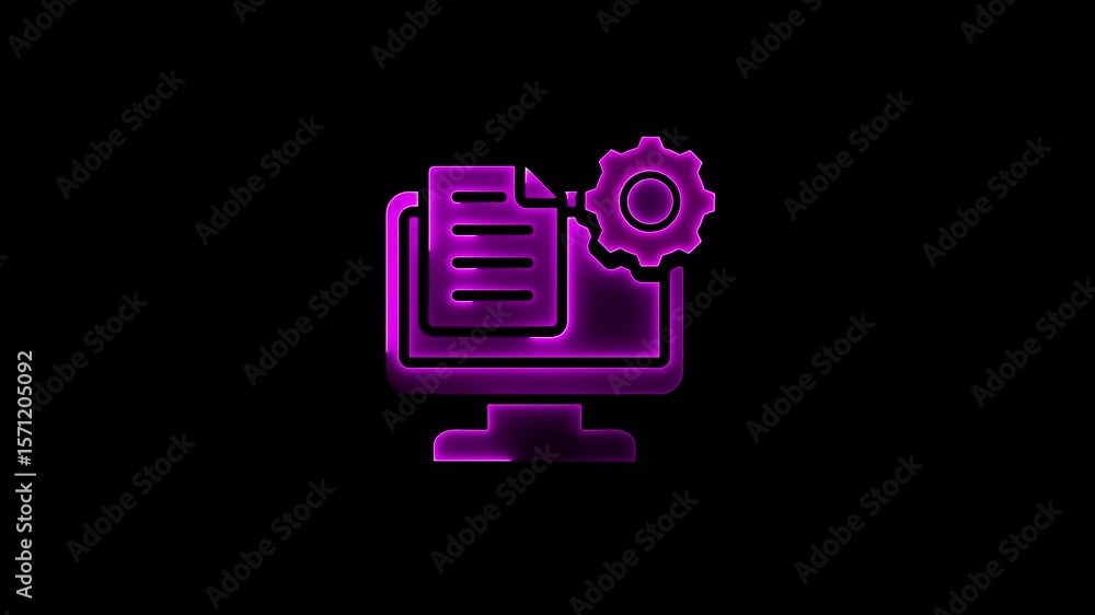 Poster glowing purple computer monitor document and gear icon representing software settings