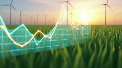 A vibrant graph overlays a field of wind turbines at sunset, symbolizing renewable energy growth and sustainable investment - Powered by Adobe