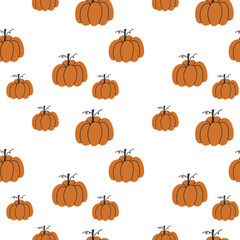 Seamless pattern of hand drawn orange pumpkins with dark stems on a white background in a clean fall harvest style