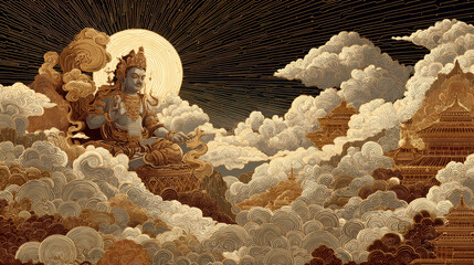 Golden Temple in Pixelated Night Cloudscape
