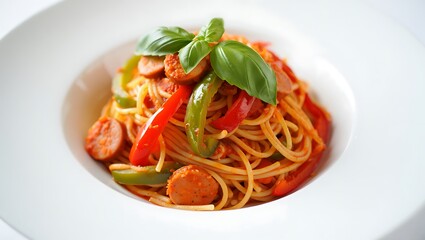Close up of spaghetti with sausage and peppers topped with basil in a white bowl on white surface