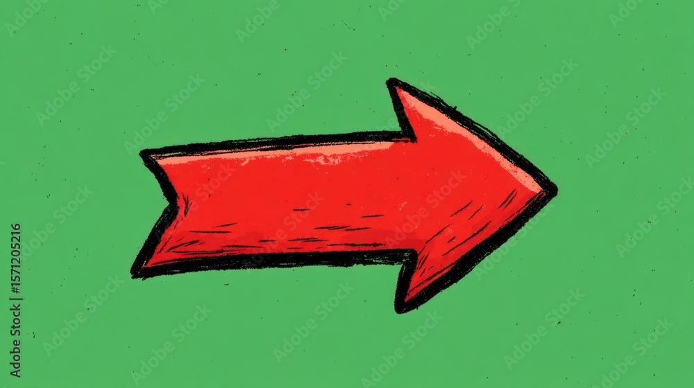 Poster energetic red arrow displayed in a charming handdrawn stopmotion format moving across a striking gre