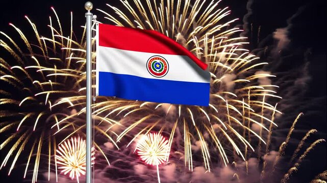 National flag independence state Paraguay, background fireworks. AI Generative