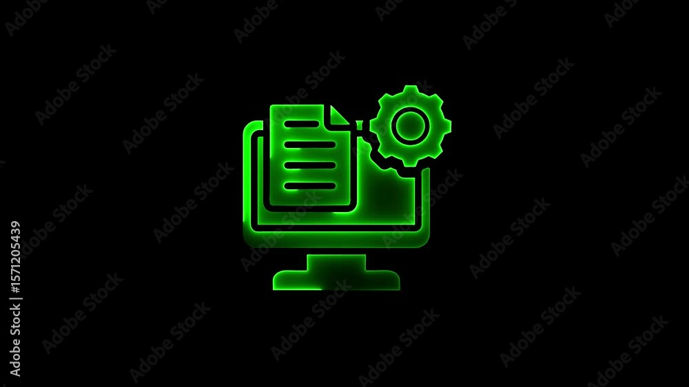 Poster green illuminated computer with document and gear on a black background