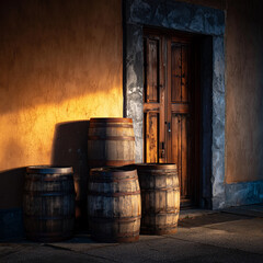 Barrels in golden hour near wooden door Rustic countryside vibes with wooden barrels stacked in a pyramid near the house entrance. Autumn and summer moods, variations of light and background.