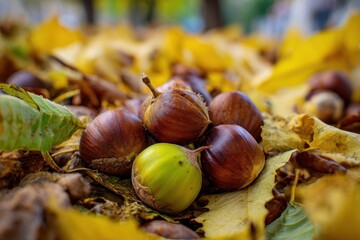 In the autumn park chestnuts matured and dropped blending with yellowing leaves to form a beautiful seasonal scene