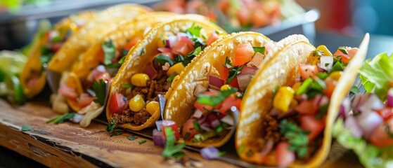 Close up of tacos on a table, showcasing delicious fast food cuisine. A closeup shot of a plate of tacos with various ingredients like vegetables and meat displayed on a table