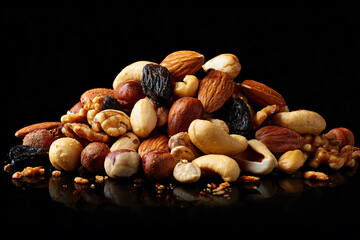a pile of nuts and raisins on a black surface