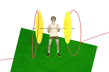 3D photo collage artwork sketch of hobby motivation workout young man effort lift up kettlebell...