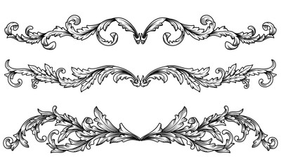  Set Classic Baroque Decoration Ornament Vector Illustration. Crest or filigree scroll heraldic, Victorian damask border frame hand drawn engraving design. Renaissance, vine rococo ornamental