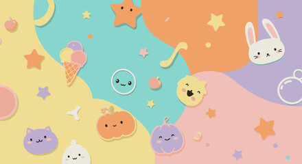 Pastel-colored background with cute cartoon elements like stars, ice cream, pumpkin, cat, rabbit, and moon, creating a whimsical and playful design.