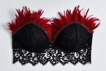 a black bra with red feathers on it