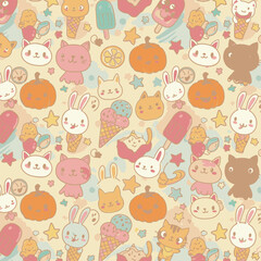 A whimsical, colorful pattern featuring adorable cartoon cats, bunnies, ice cream, and pumpkins arranged on a soft, textured background, creating a playful design.