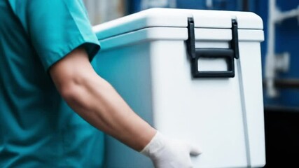 A person carries a white cooler box, representing the transport of medical samples, vaccines, or organ donations for healthcare - Powered by Adobe