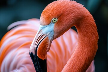 Detailed close up of a pink flamingo bird showcasing its elegant features and vibrant colors