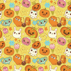A whimsical and cheerful pattern featuring a repeating array of smiling pumpkins, adorable cats, sweet treats, and other cute characters on a bright yellow background.