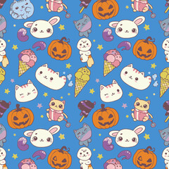 Cute kawaii Halloween pattern featuring smiling pumpkins, bunnies, cats, and ice cream cones on a blue background.