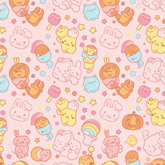Fototapeta premium Adorable kawaii pattern featuring cute cartoon ice cream, bunnies, stars, and pumpkins on a soft pink background.