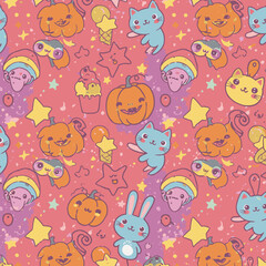 A whimsical and colorful pattern featuring adorable cartoon characters like smiling pumpkins, cute cats, stars, ice cream, and mushrooms, creating a joyful and playful design.