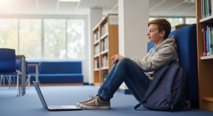 Young caucasian teen male using laptop in library for study and relaxation