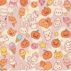 Cute Kawaii Halloween pattern featuring smiling pumpkins, adorable cats, bunnies, and ice cream treats on a pastel background.