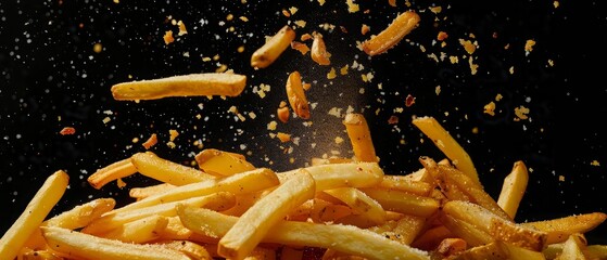 Crispy French Fries with Flying Splashes Delicious Fast Food Snack. Close up of a pile of golden brown crispy French fries with a few fries flying in the air 