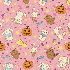 Cute cartoon animals, pumpkins, and ice cream cones create a whimsical and playful Halloween-themed pattern on a pink background.