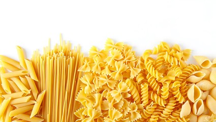 An overhead shot of various types of uncooked pasta arranged on a white surface in a row