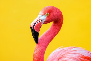 Vibrant pink flamingo set against a bright yellow background for a bold visual contrast