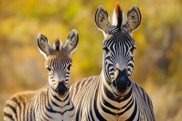 A plains zebra and its foal pose gracefully for the camera in their natural habitat