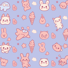 A whimsical pattern features a variety of cute cartoon characters, including bunnies, cats, and ice cream cones, set against a soft, pastel purple background.