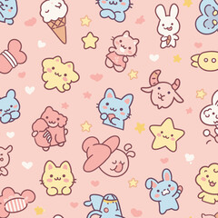 A charming seamless pattern featuring an array of adorable kawaii-style cartoon animals, stars, and hearts on a soft pink background, perfect for children's designs.