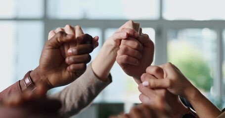 Holding hands, praying and group in church, holy spirit or worship Jesus Christ, together or belief. Religious, community and people with faith in chapel, praise and Christian with respect for God