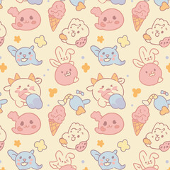 A cheerful, whimsical pattern featuring adorable cartoon creatures, ice cream cones, and stars in soft pastel colors, perfect for playful designs and backgrounds.