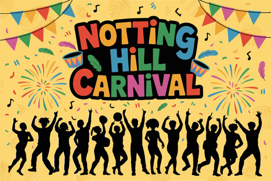 Notting Hill Carnival celebration, silhouette dance crowd with confetti and bunting, vibrant party atmosphere, festival vector design