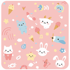 A delightful seamless pattern features an array of cute pastel cartoon animals, stars, and ice cream treats scattered across a soft pink background, perfect for kids.