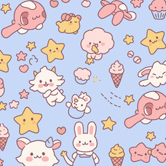 A playful seamless pattern featuring cute cartoon characters like stars, bunnies, and animals on a soft blue background, perfect for children's designs.