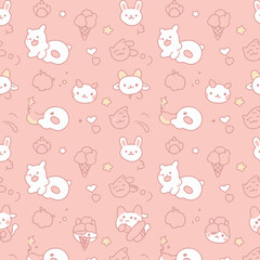 Charming Kawaii pattern featuring cute cartoon animals like bunnies and cats, interspersed with ice cream cones and hearts on a soft pink background.