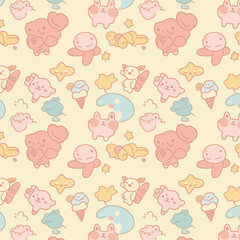 Charming seamless pattern featuring cute kawaii characters, pastries, and sweet treats on a soft pastel background.