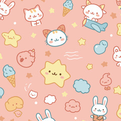 Adorable kawaii cartoon characters and objects including animals, stars, and ice cream cones on a soft pink background.
