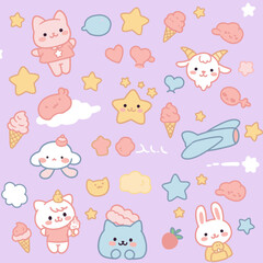 A delightful illustration showcases a collection of adorable cartoon characters and whimsical objects like stars, clouds, and ice cream cones against a soft purple backdrop.