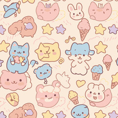 Obraz premium A delightful seamless pattern featuring an assortment of adorable pastel-colored cartoon animals and whimsical objects on a soft background, perfect for children's designs.