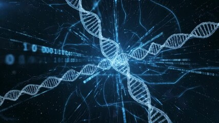 Four DNA strands amidst blue digital binary code - Powered by Adobe