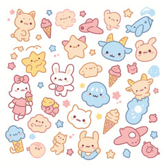 Obraz premium A whimsical collection of adorable cartoon characters and objects, including animals, clouds, stars, and ice cream cones, in a pastel color palette, creating a cheerful and playful design.