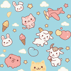 Adorable kawaii pattern featuring cute cartoon animals like bunnies, cats, and goats, plus ice cream, airplanes, hearts, clouds, and stars on blue.