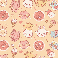 Obraz premium A charming, repeating pattern features adorable cartoon animals, ice cream cones, and hearts on a soft, pastel-colored background, evoking a playful and delightful atmosphere.