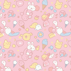 Charming pastel pattern featuring cute kawaii characters like bunnies, stars, and ice cream on a soft pink background.